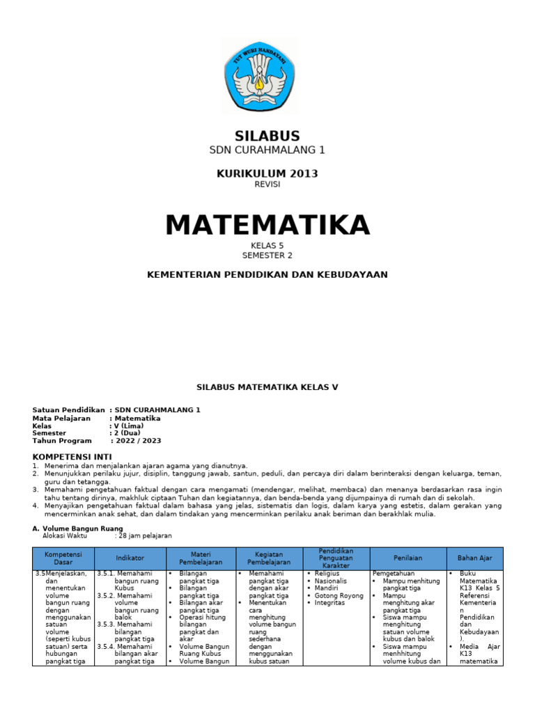 Silabus Matematika Kelas 5 Sem 2 | PDF