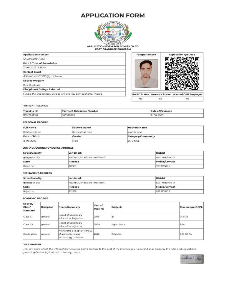 Post Graduate Admission Application Form | PDF