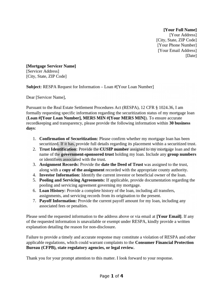RESPA Information Request Letter | PDF | Mortgages | Securitization