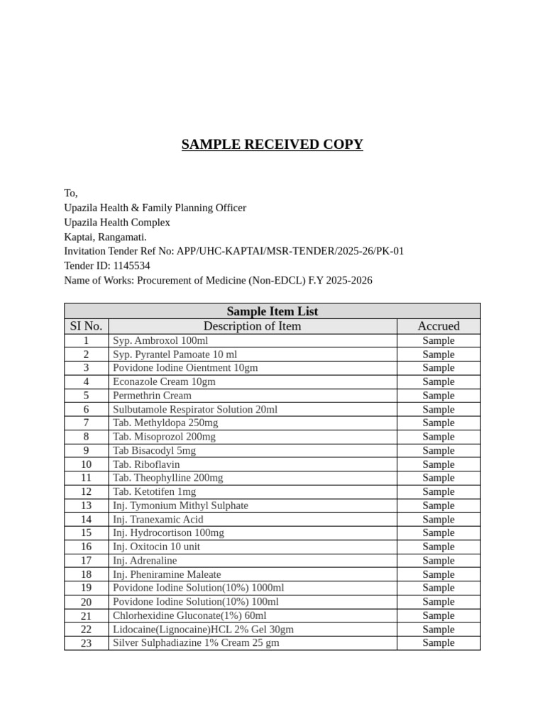 Kaptai Sample Received | PDF