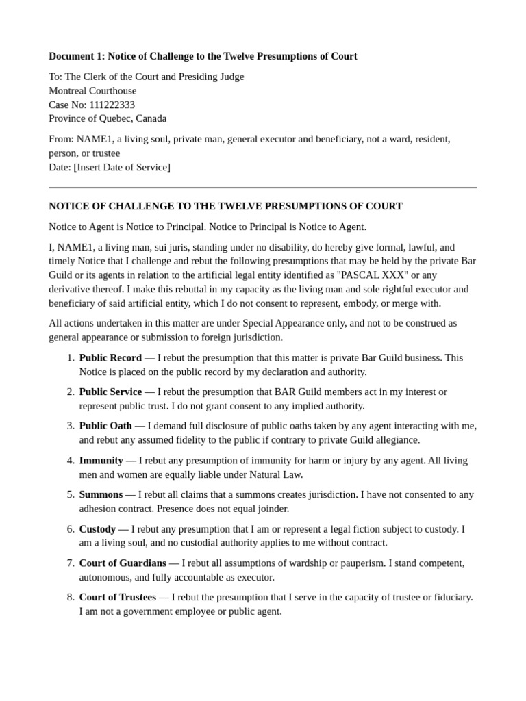 Challenge to Court Presumptions Notice | PDF | Fiduciary | Justice
