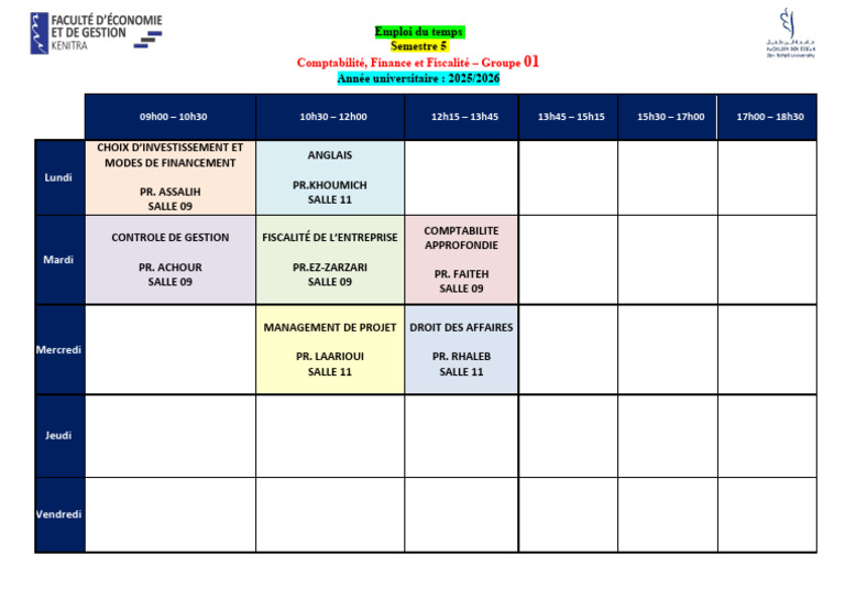 Emploi du temps S5 Comptabilité 2025-2026 | PDF