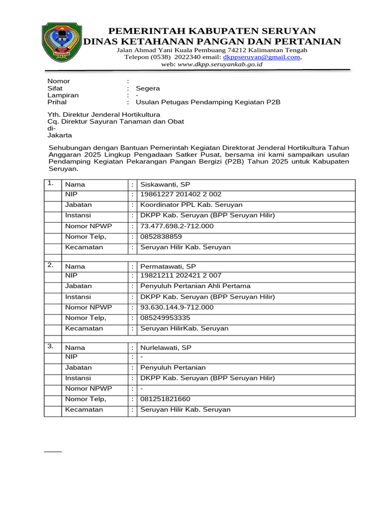 Usulan Pendamping P2B Kabupaten Seruyan | PDF