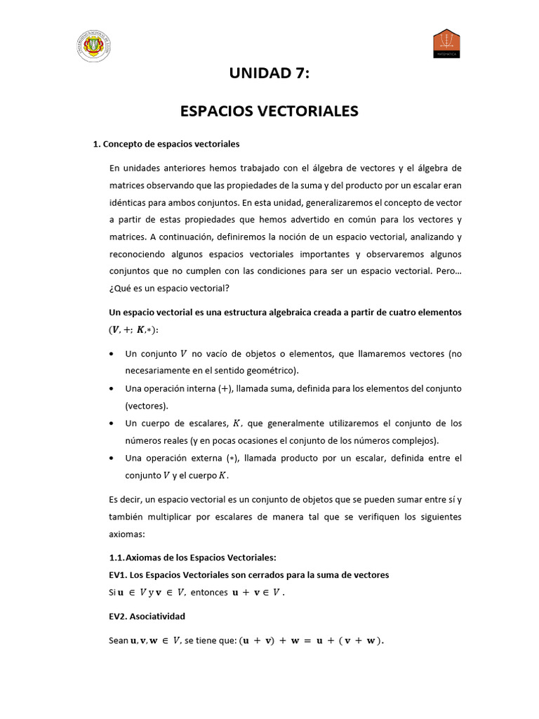 Unidad 7 Espacios Vectoriales | PDF | Espacio vectorial | Base (álgebra ...