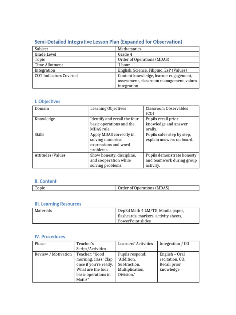 MDAS Lesson Plan for Grade 4 Math | PDF | Learning | Lesson Plan
