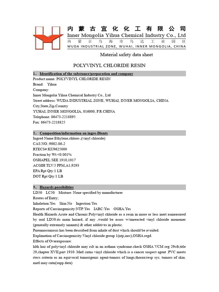 PVC Resin Safety Data Sheet | PDF | Secondary Sector Of The Economy ...