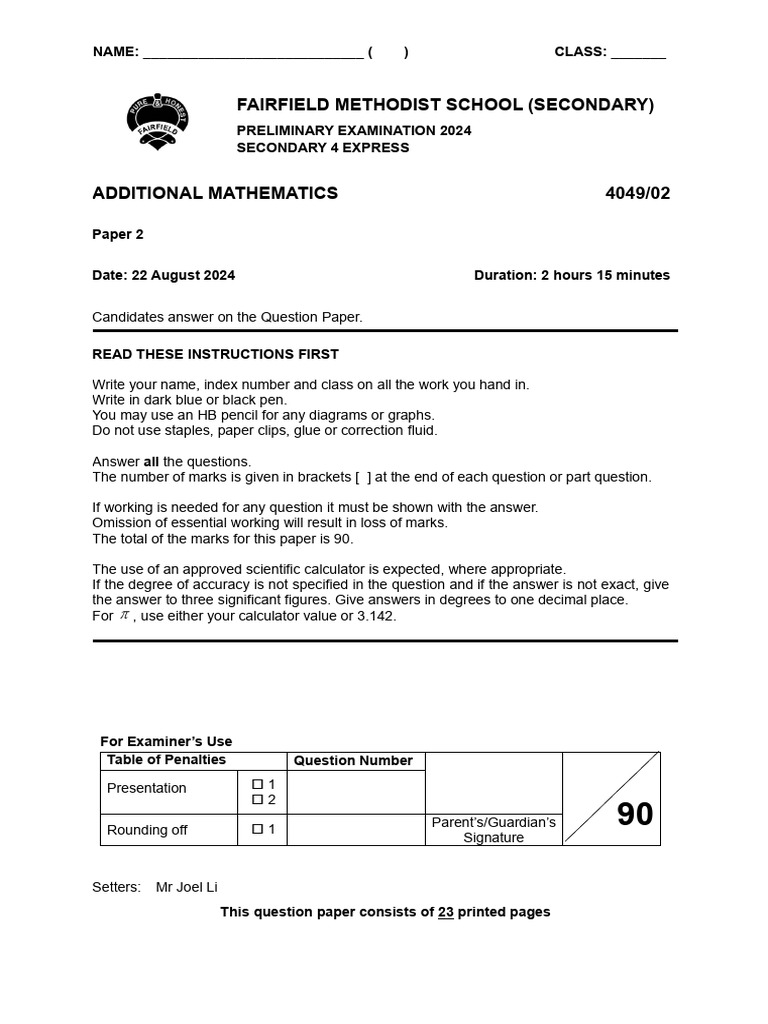 2024 Additional Mathematics Exam Paper | PDF | Equations | Circle