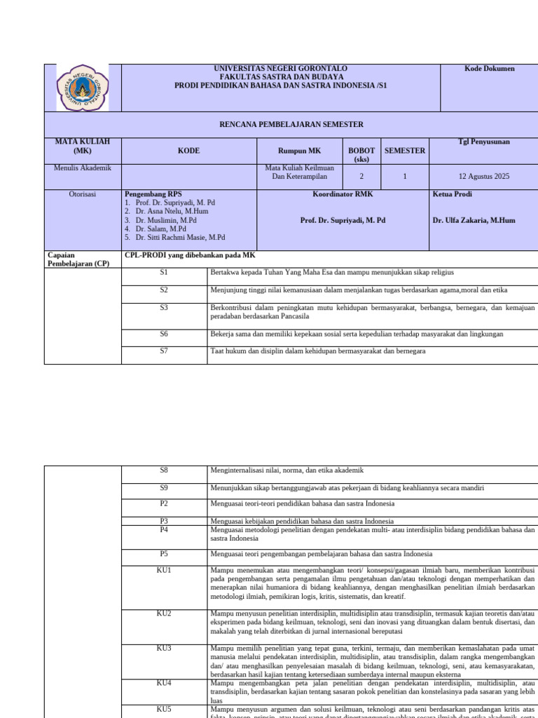 Rps s2 Obe Menulis Akademik | PDF