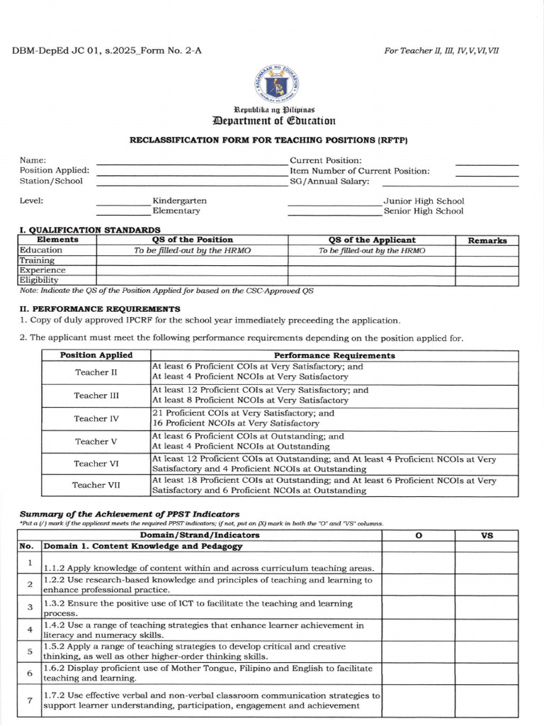 DepEd Reclassification Form 2025 | PDF | Educational Assessment | Learning