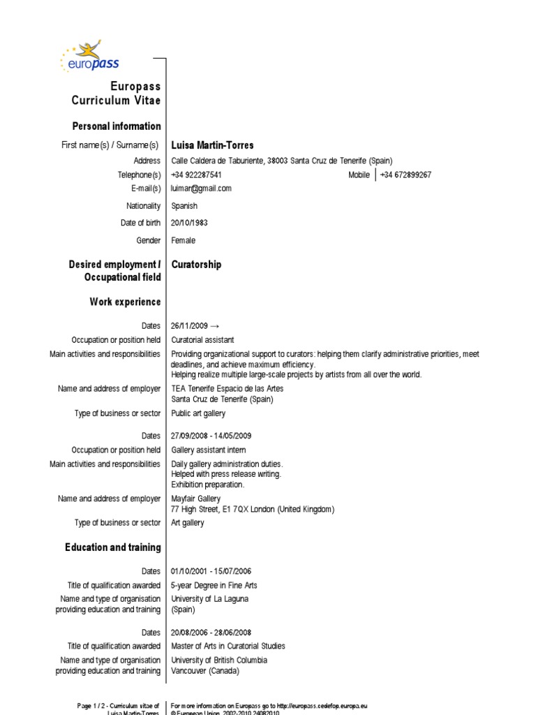 Europass CV Fictitious Example Spain Communication