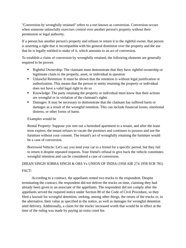 Conversion by wrongfully retained | PDF | Conversion (Law) | Property