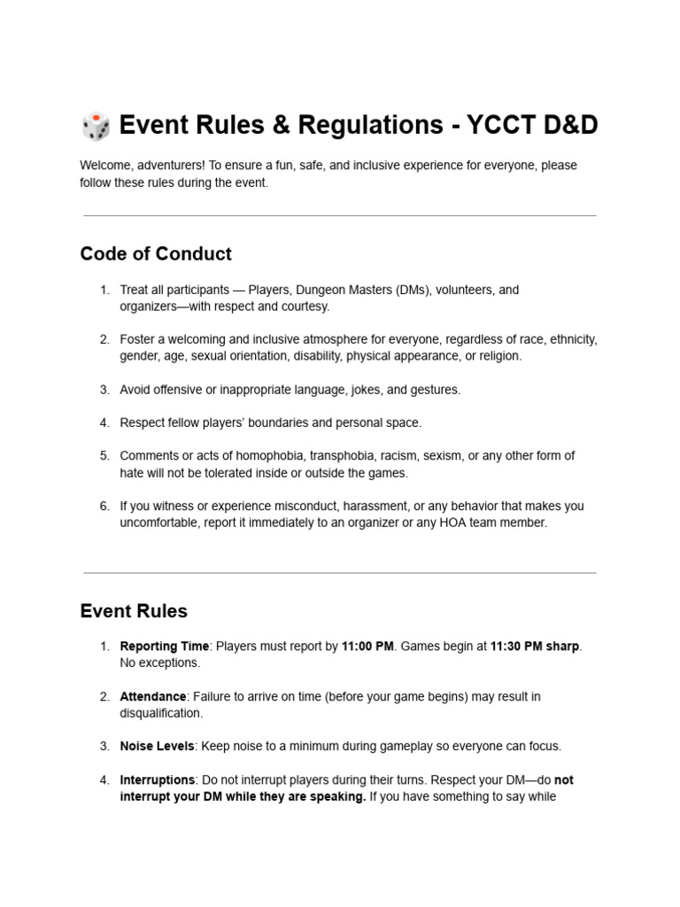 ? Event Rules & Regulations - YCCT D&D | PDF | Social Ethics