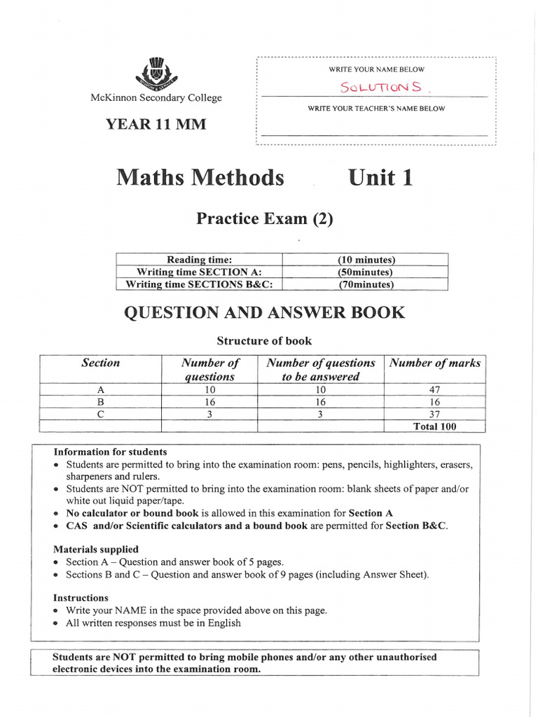 11mm Unit 1 Practice Exam (2) 2025 Solutions | PDF