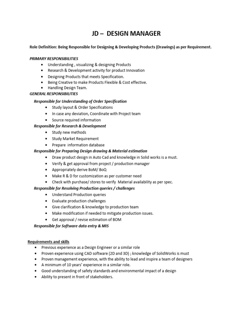 Design Manager Job Description | PDF