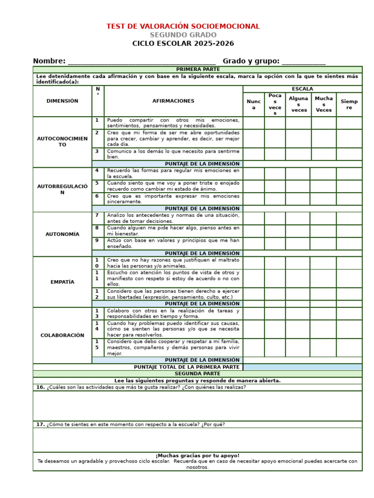 Test Socioemocional para Segundo Grado | PDF | Las emociones ...