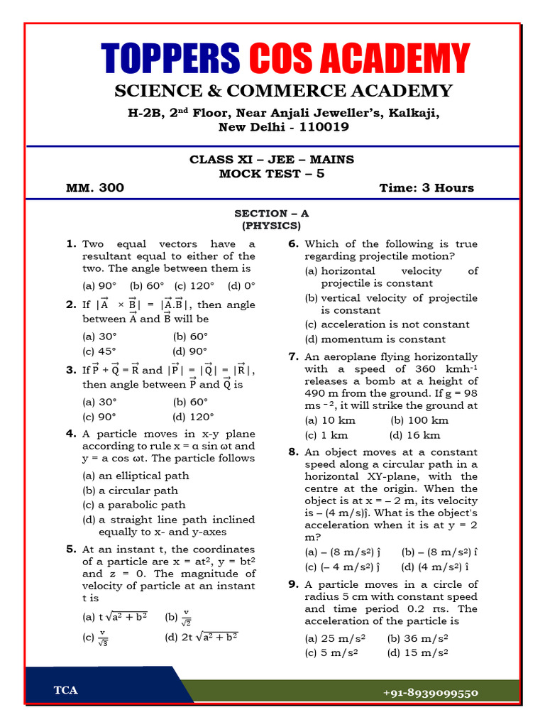 JEE Mains Mock Test 5 - Class XI Physics | PDF | Force | Projectiles