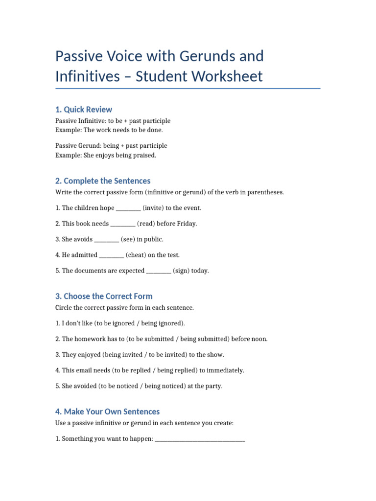 Passive Voice: Gerunds & Infinitives Worksheet | PDF