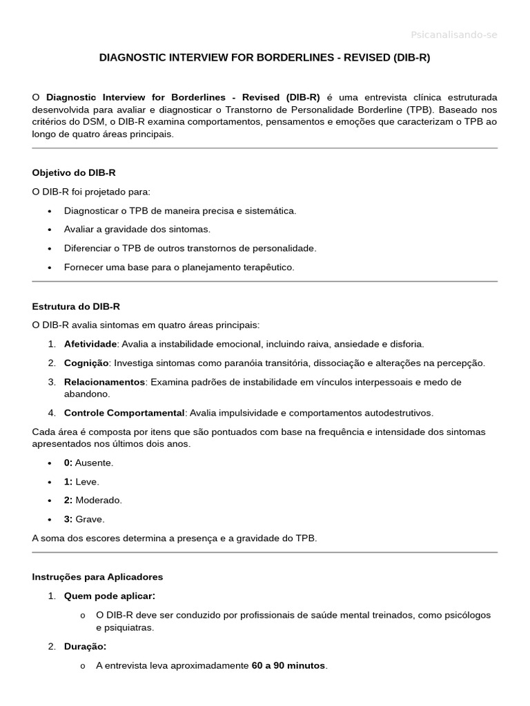 Entrevista Diagnóstica para TPB: DIB-R | PDF | Transtorno de ...