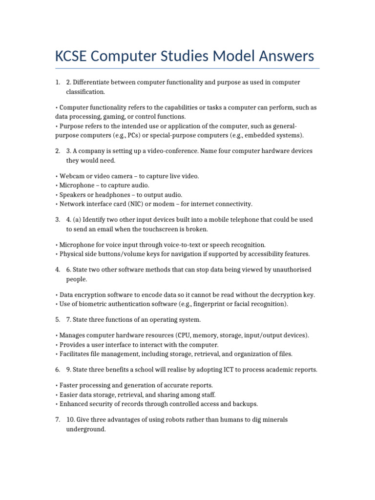 KCSE Computer Studies Model Answers | PDF | Input/Output | Computer ...