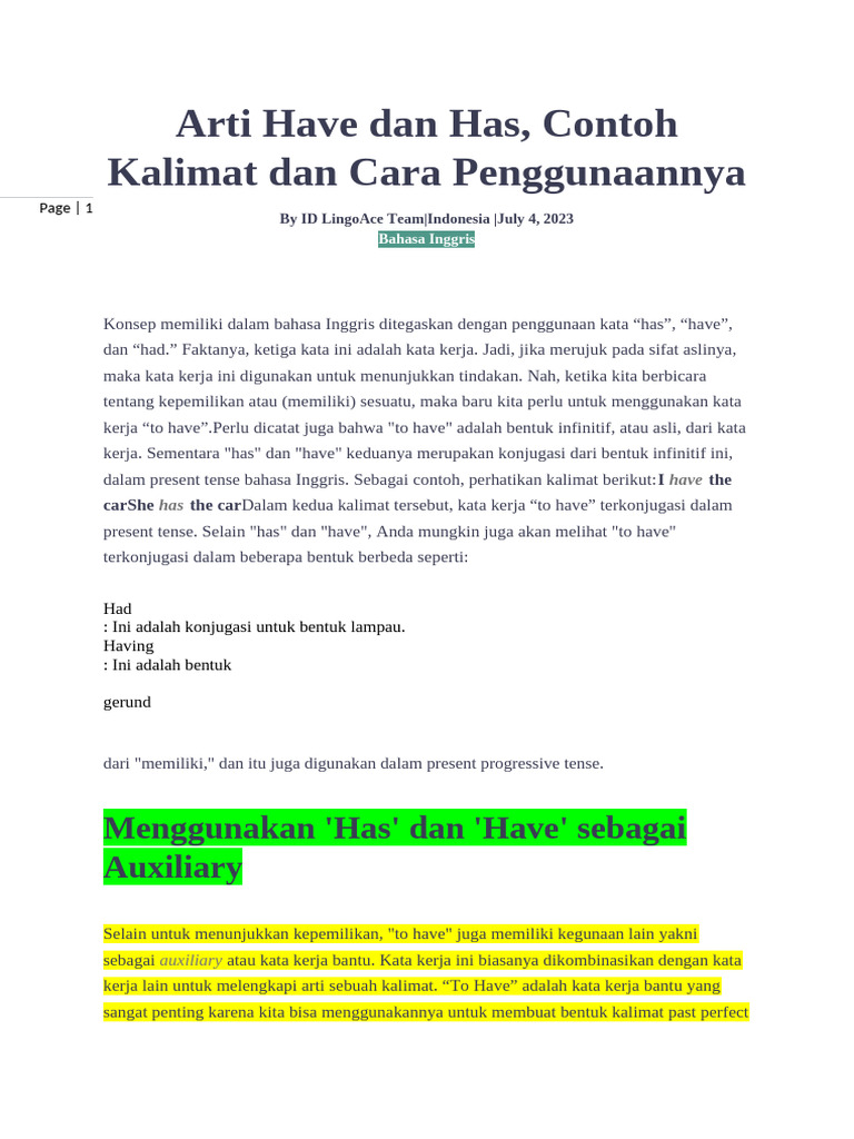 Arti dan Penggunaan Have serta Has | PDF