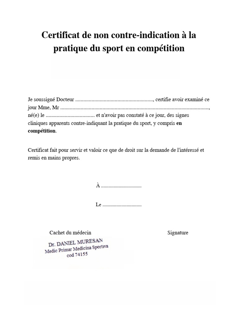 Certificat de non contre-indication sportive | PDF