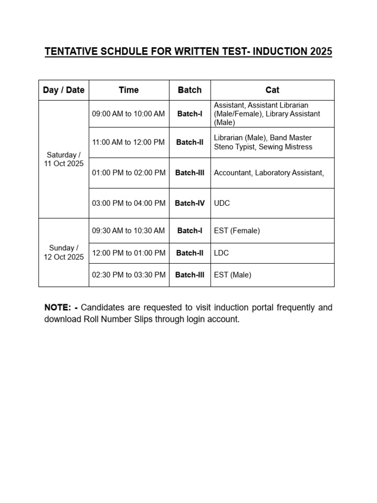 Induction 2025 Written Test Schedule | PDF