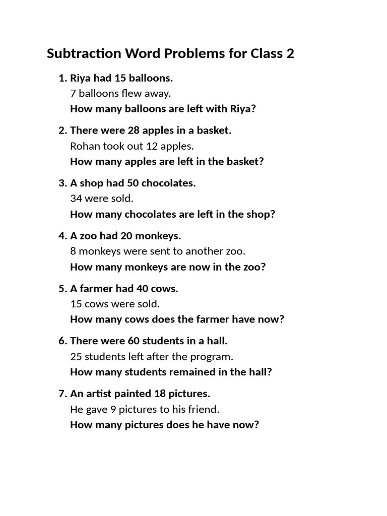 Subtraction Word Problems For Class 2 | PDF