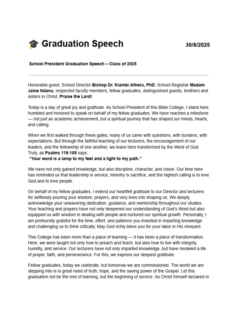 Class of 2025 Graduation Speech | PDF | Jesus | Gratitude