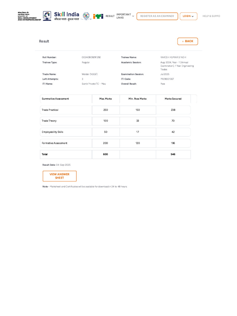 Rakesh Kumar Singh ITI Exam Result | PDF