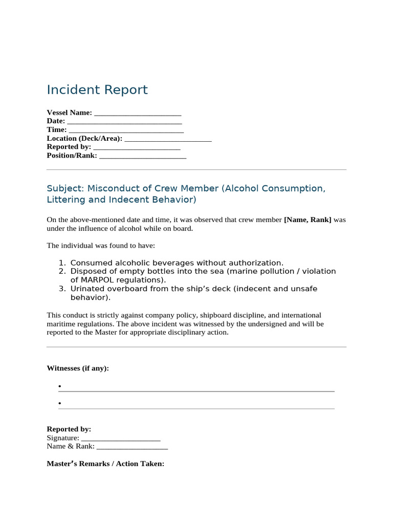 Crew Misconduct Incident Report | PDF