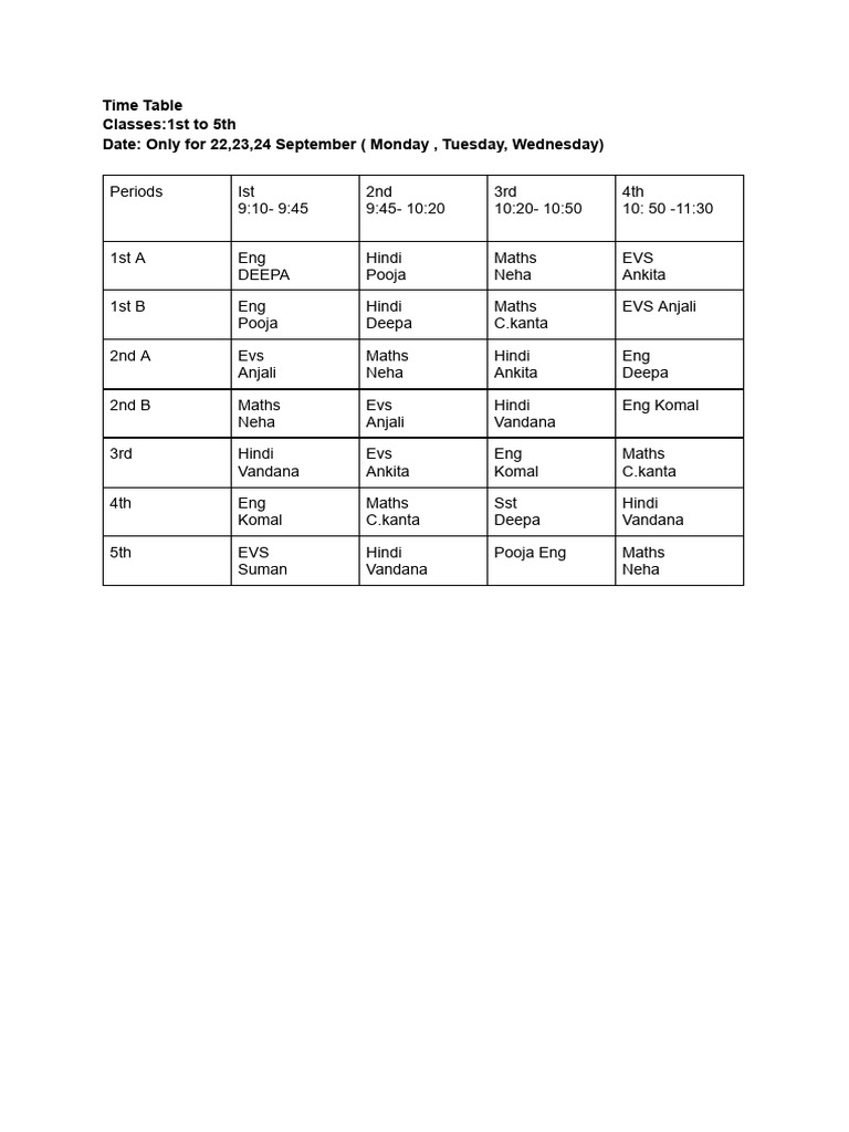 Time Table During T1 | PDF