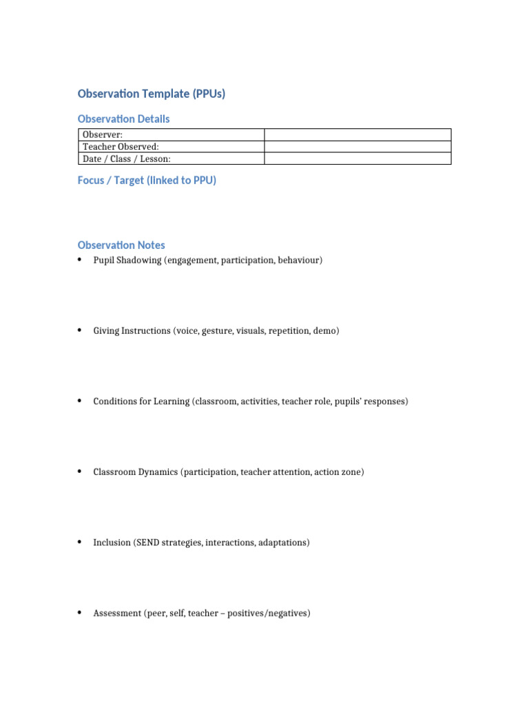 Classroom Observation Template Guide | PDF