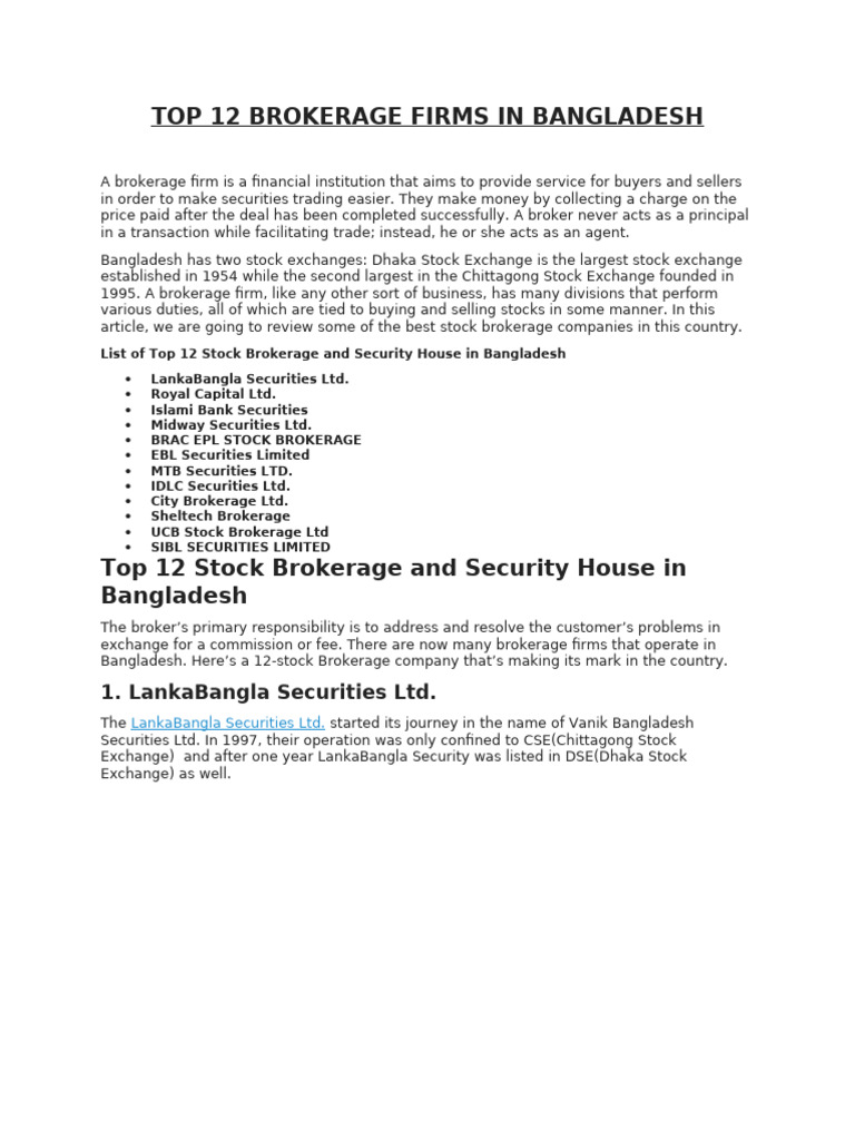 Top 12 Brokerage Firms in Bangladesh | PDF | Securities (Finance) | Stocks