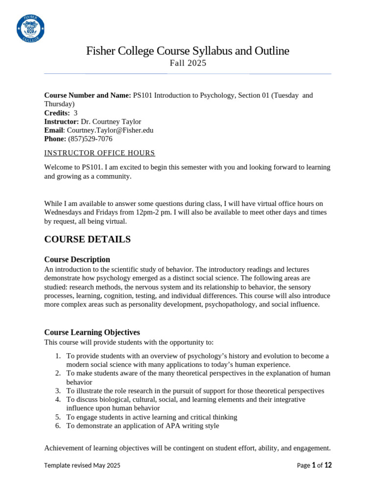 Psy+101 Fall+2025+Syllabus Dr.taylor | PDF | Psychology | Academic ...