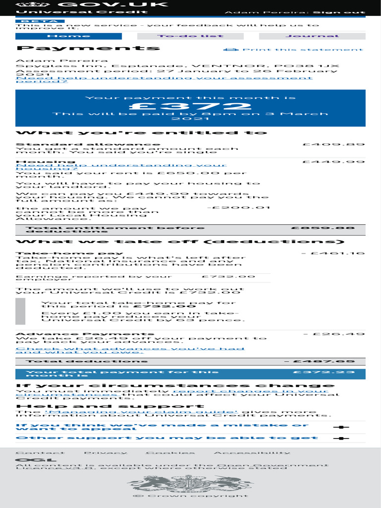 Payments - Universal Credit | PDF