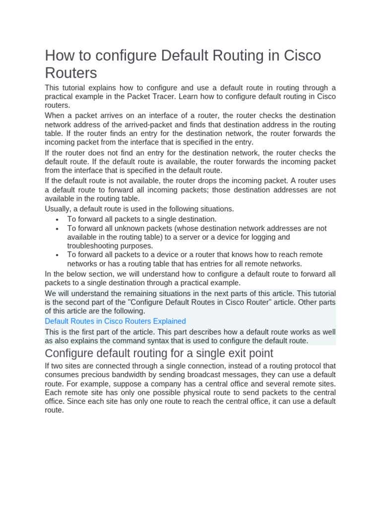 Configuring Default Routes in Cisco | PDF | Router (Computing) | Routing