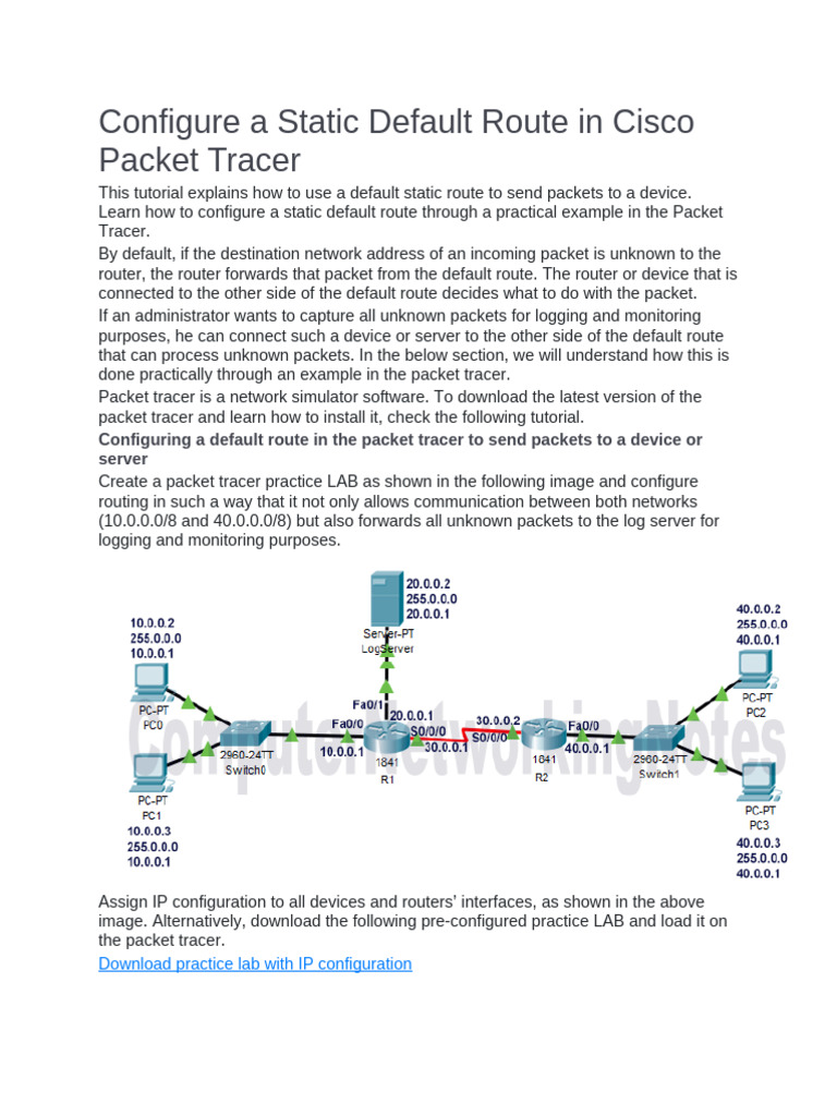 Static Default Route in Packet Tracer | PDF | Router (Computing ...