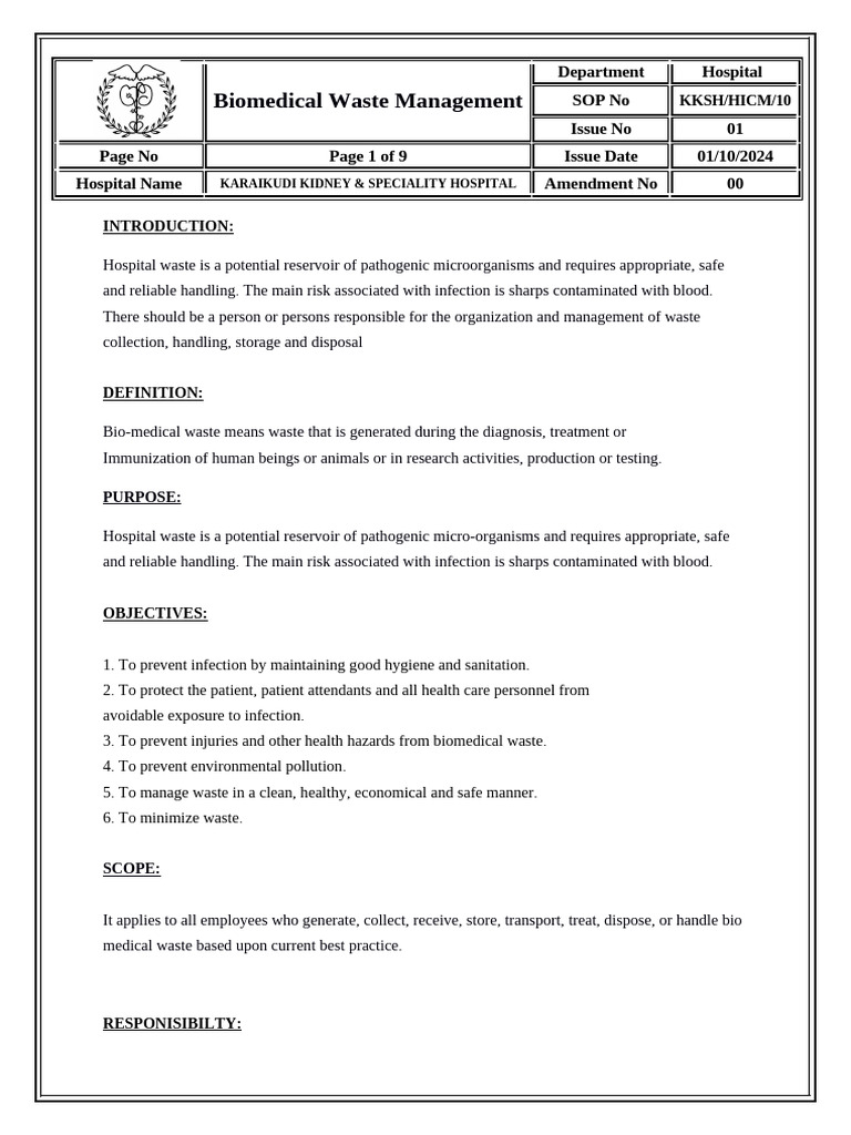 Biomedical Waste Management SOP Guide | PDF | Waste | Pollution
