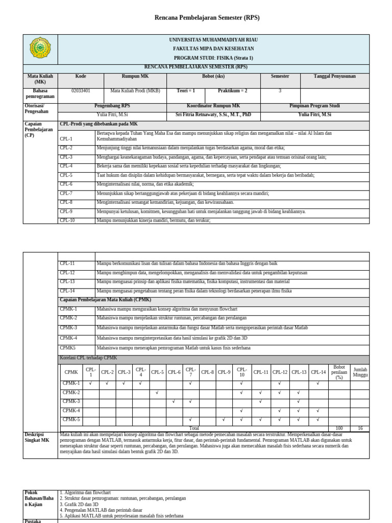 RPS Pemrograman MATLAB Fisika | PDF