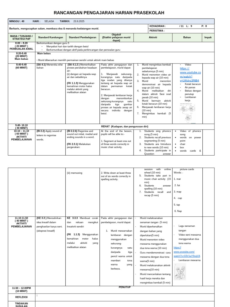 Rancangan Pengajaran Harian Prasekolah | PDF