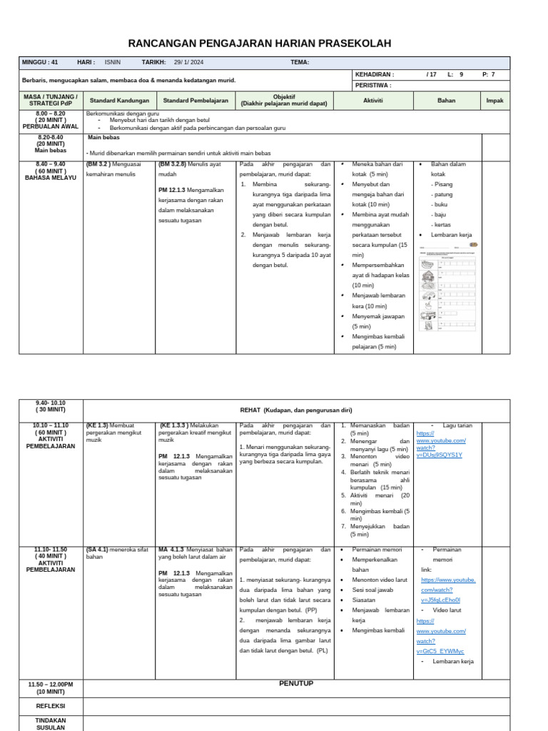 Rancangan Pengajaran Harian PraSekolah | PDF
