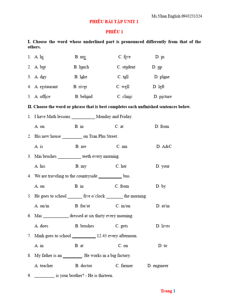 English Unit 1 Exercise Sheet | PDF