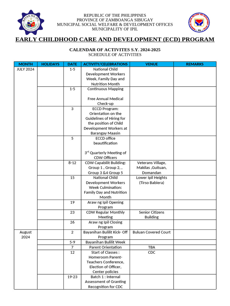 ECCD Activities Calendar 2024-2025 | PDF | Philippines