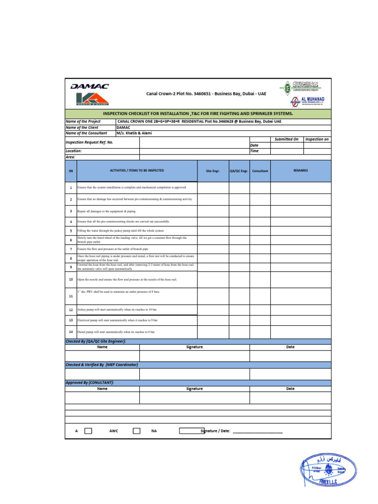 Fire Fighting System Inspection Checklist | PDF | Pump | Hydraulic ...