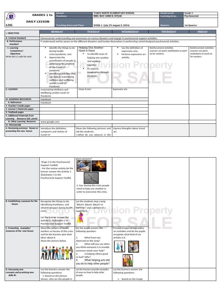Grade 1 Psychosocial Lesson Plan | PDF | Learning | Psychology