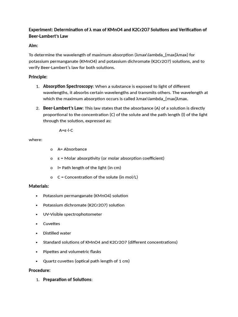 λmax Determination for K2Cr2O7 | PDF | Absorbance | Spectrophotometry