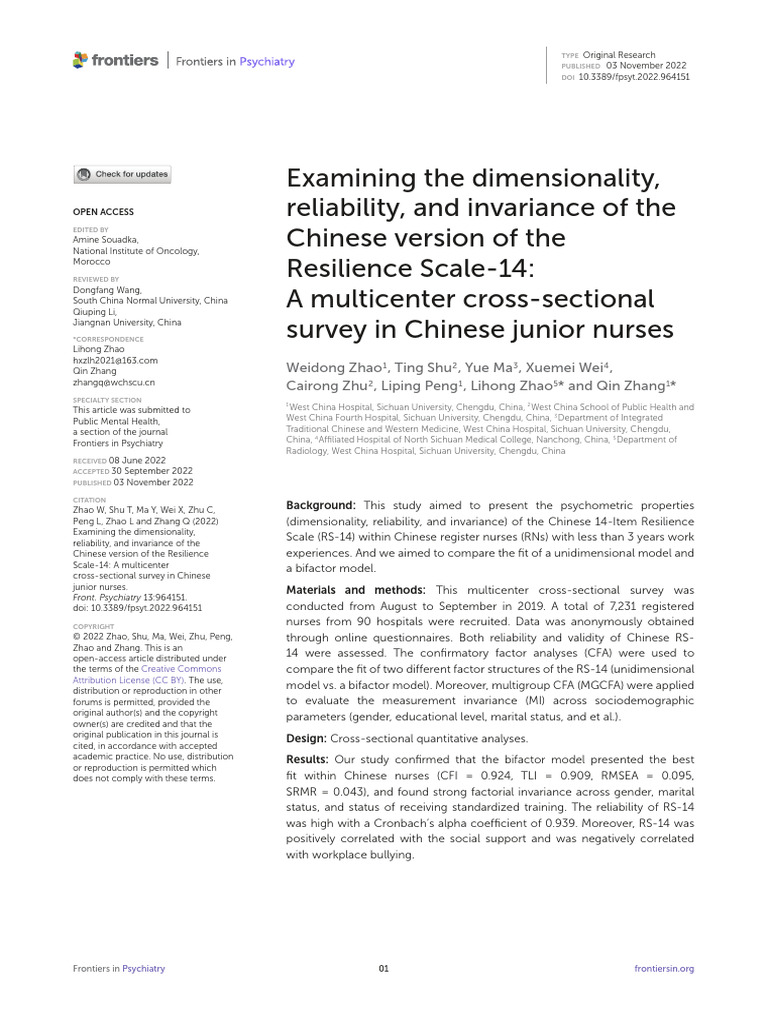 Resilience Scale-14 in Chinese Nurses | PDF | Psychological Resilience ...