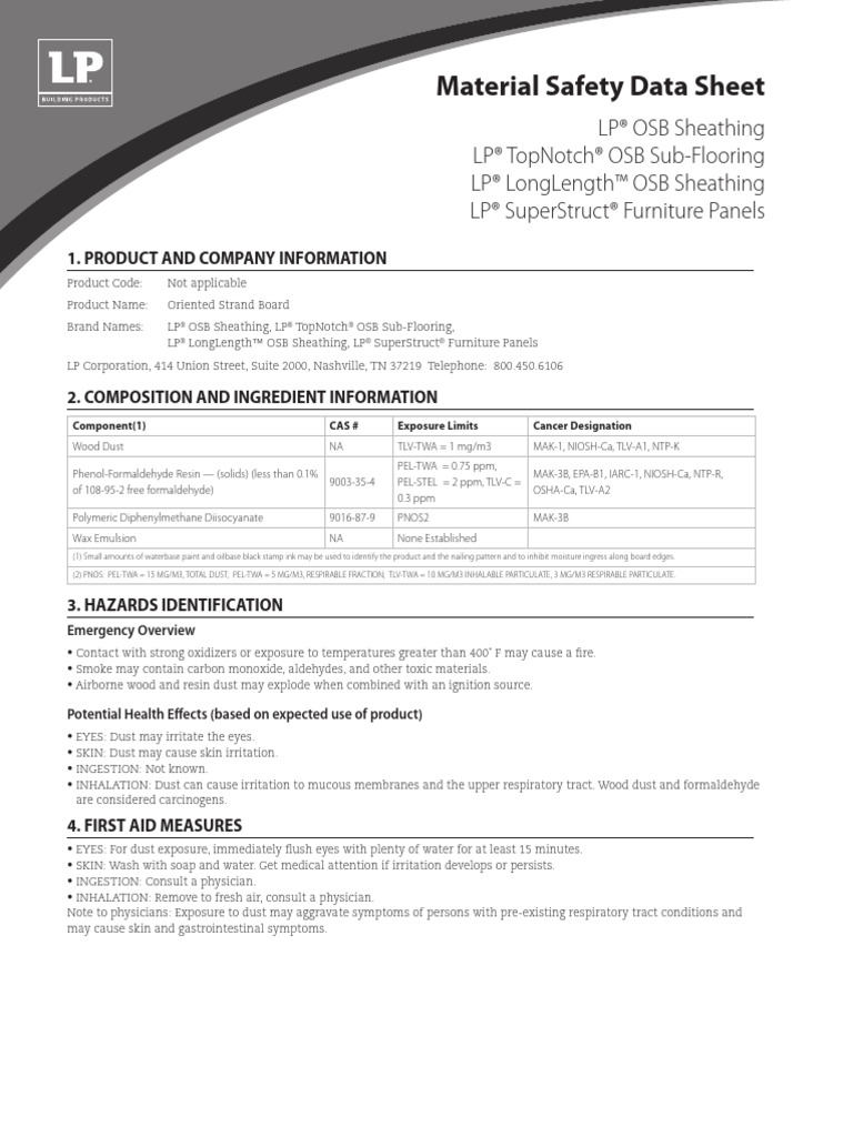 LP OSB Sheathing Safety Data Sheet | PDF | Combustion | Safety