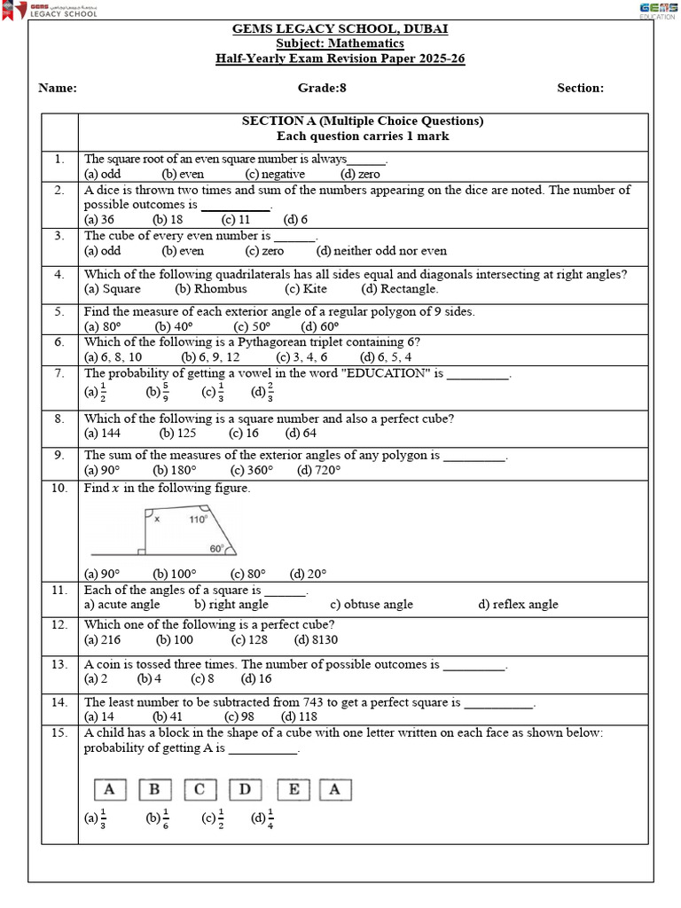 Grade 8 Math Revision Paper 2025-26 | PDF | Mathematics | Elementary ...