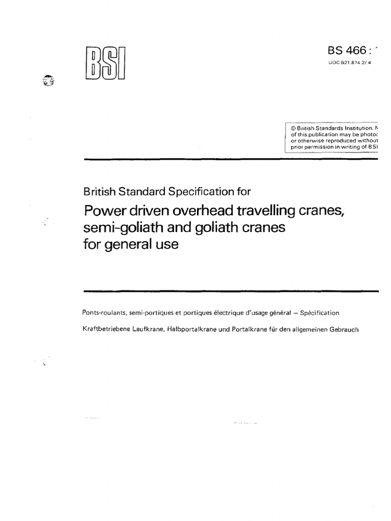 BS 466: Powerdriven Crane Standards | PDF | Crane (Machine) | Brake